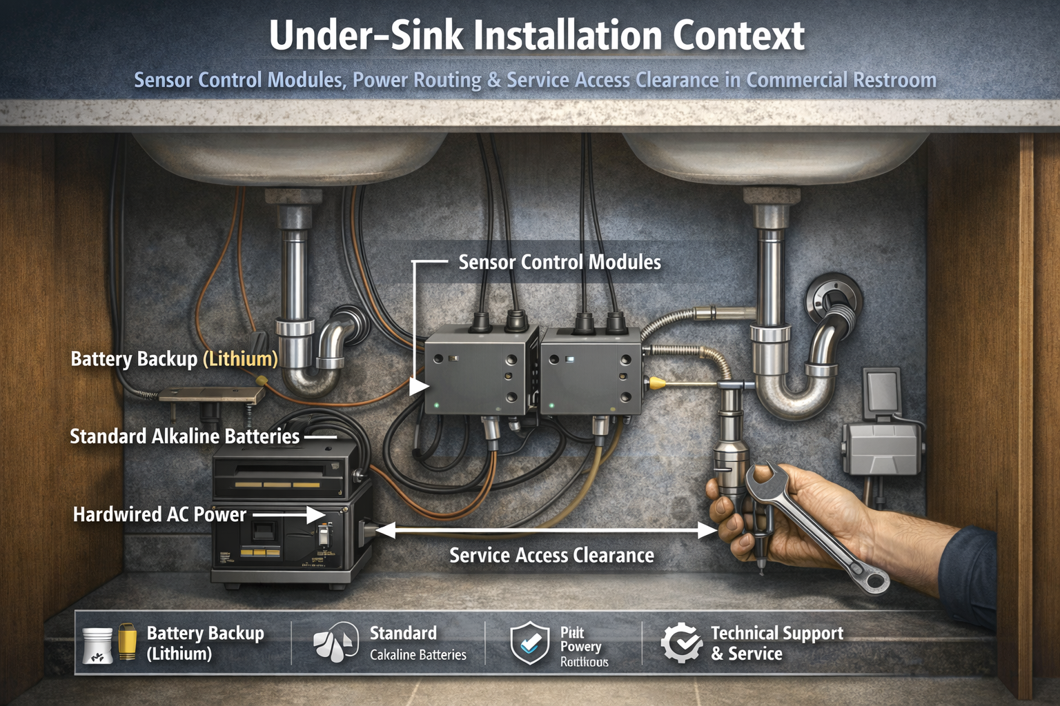Under-sink installation context showing sensor control modules, power routing, and service access clearance in commercial restroom
